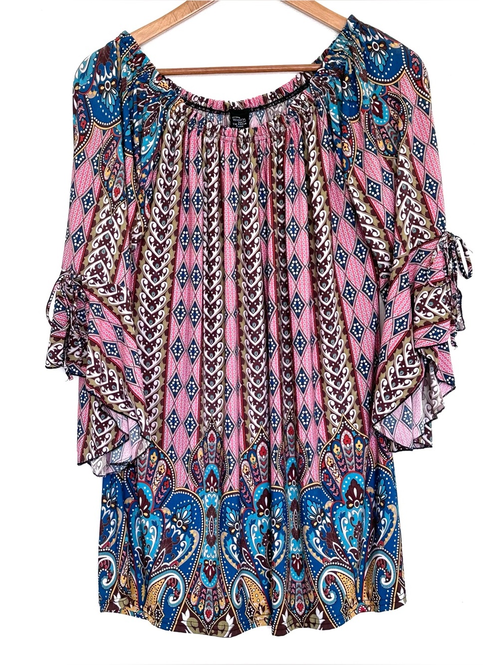 Win Win Tunic Women’s Large XL Geometric Boho Bell Sleeve Lightweight Blouse Top